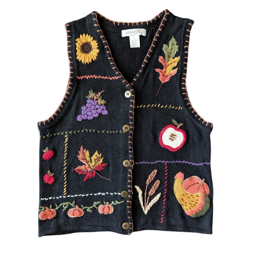 Vintage Arriviste Black Fall Autumn Embroidered Sweater Vest Size Small Leaf